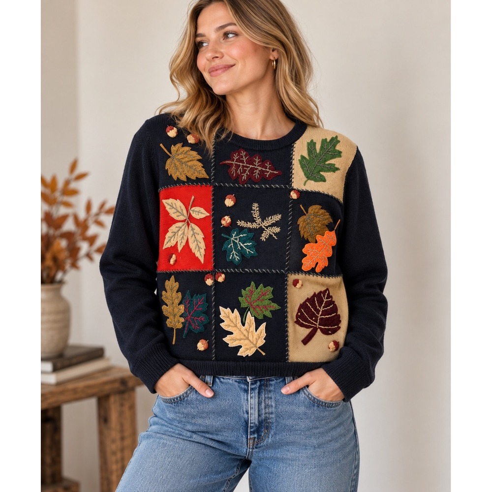 All Points Reference Point Vintage Fall Leaf Patchwork Embroidered Sweater Large